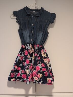 Girls Navy Floral Denim-Top Dress